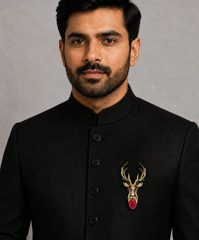Royal stag head ruby stone designer brooch pin with cz diamonds | gold plated statement brooch for men & women