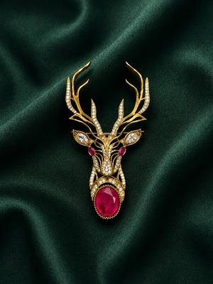 Royal stag head ruby stone designer brooch pin with cz diamonds | gold plated statement brooch for men & women 4