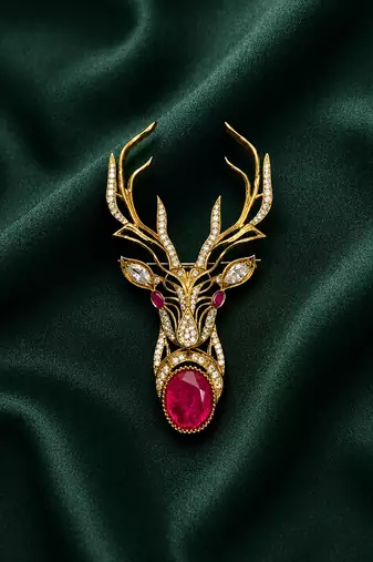 Royal stag head ruby stone designer brooch pin with cz diamonds | gold plated statement brooch for men & women