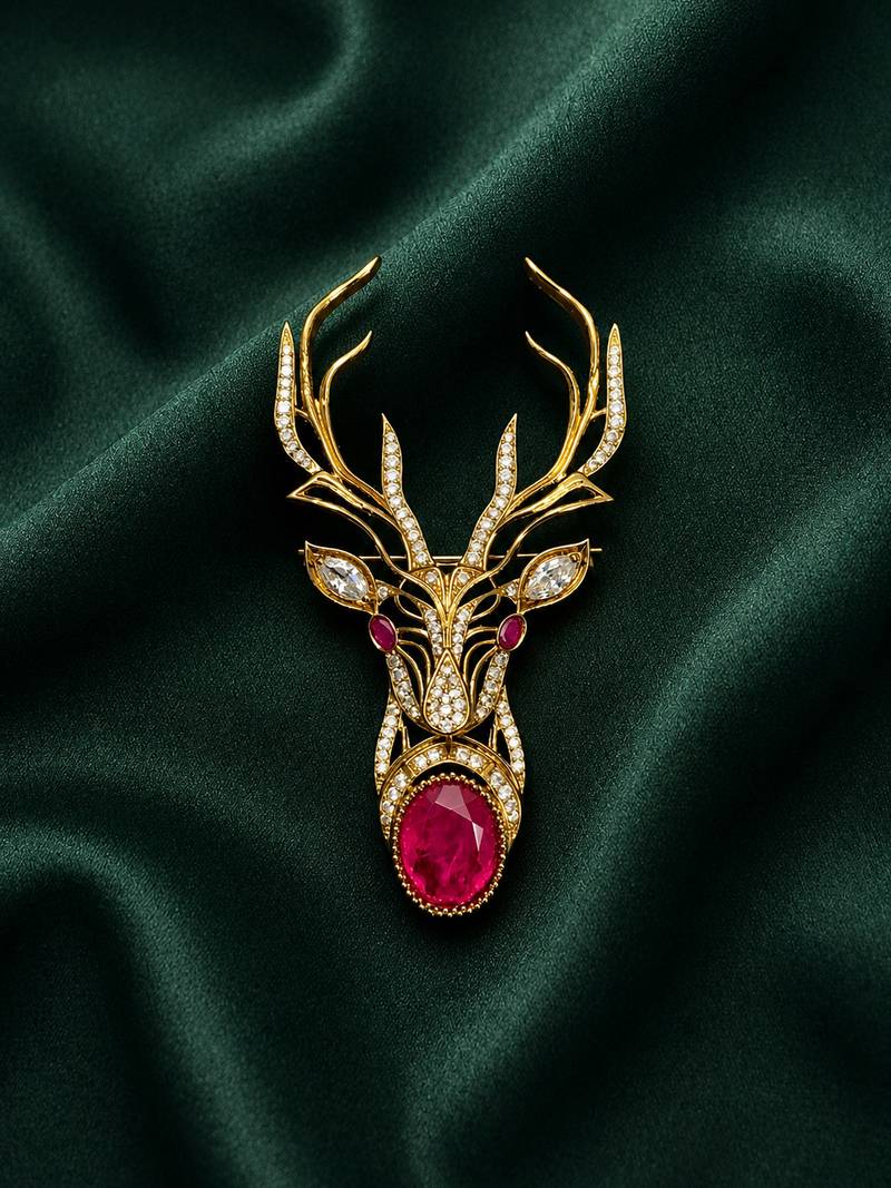 Royal stag head ruby stone designer brooch pin with cz diamonds | gold plated statement brooch for men & women