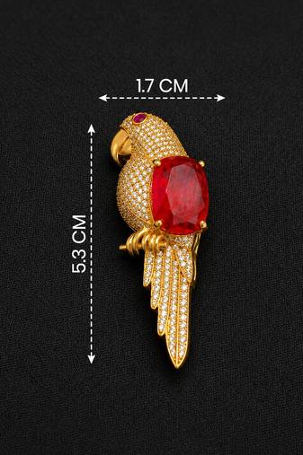 Luxury ruby stone parrot designer brooch pin with cz diamond work | gold plated statement bird brooch