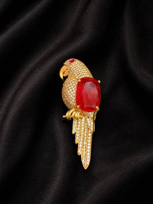 Luxury ruby stone parrot designer brooch pin with cz diamond work | gold plated statement bird brooch 3