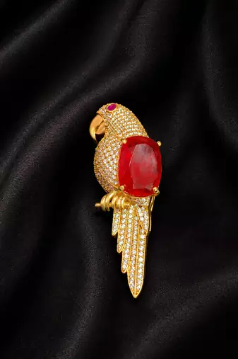 Luxury ruby stone parrot designer brooch pin with cz diamond work | gold plated statement bird brooch