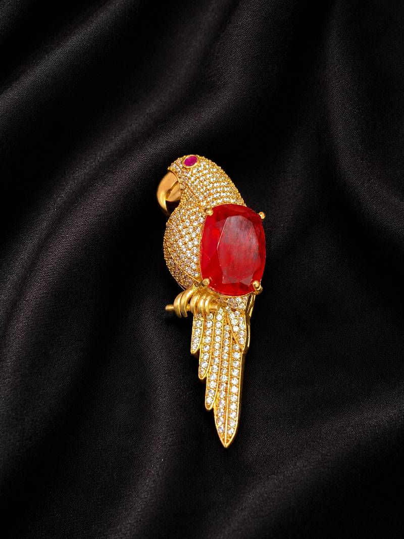 Luxury ruby stone parrot designer brooch pin with cz diamond work | gold plated statement bird brooch
