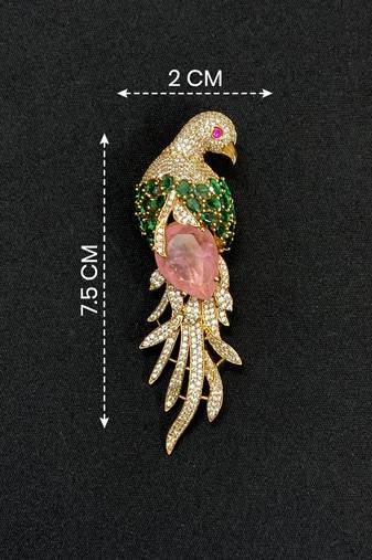 Luxury parrot motif pink stone & green crystal designer brooch pin for women