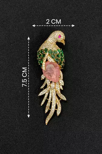 Luxury parrot motif pink stone & green crystal designer brooch pin for women