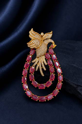 Royal swan pink crystal & cz stone gold plated designer brooch pin