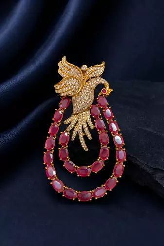Royal swan pink crystal & cz stone gold plated designer brooch pin