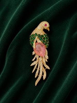 Luxury parrot motif pink stone & green crystal designer brooch pin for women 3