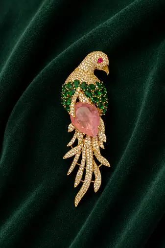 Luxury parrot motif pink stone & green crystal designer brooch pin for women