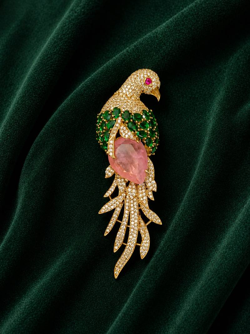 Luxury parrot motif pink stone & green crystal designer brooch pin for women