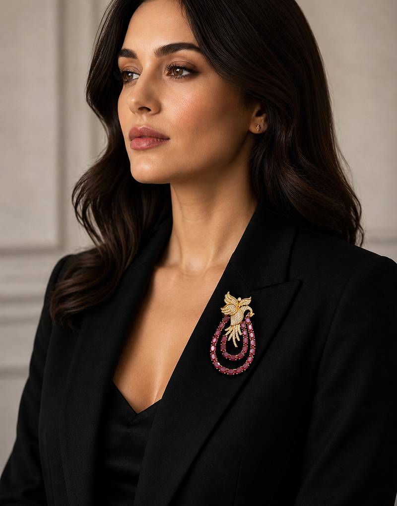 Royal swan pink crystal & cz stone gold plated designer brooch pin