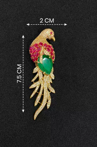 Luxury parrot motif pink stone & green crystal designer brooch pin for women