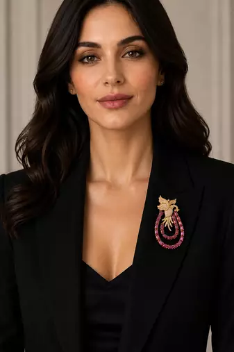Royal swan pink crystal & cz stone gold plated designer brooch pin