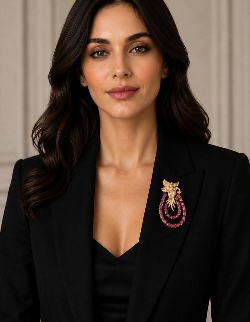 Royal swan pink crystal & cz stone gold plated designer brooch pin