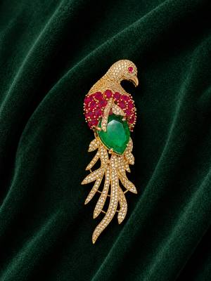 Luxury parrot motif pink stone & green crystal designer brooch pin for women 3
