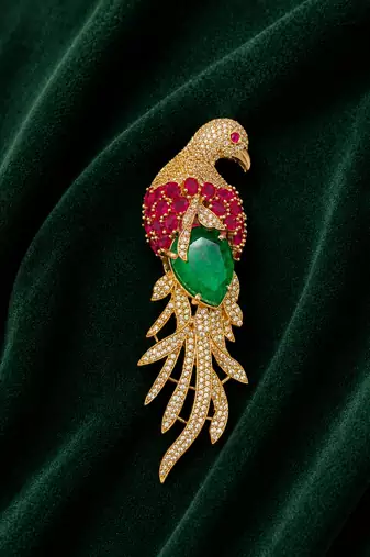 Luxury parrot motif pink stone & green crystal designer brooch pin for women