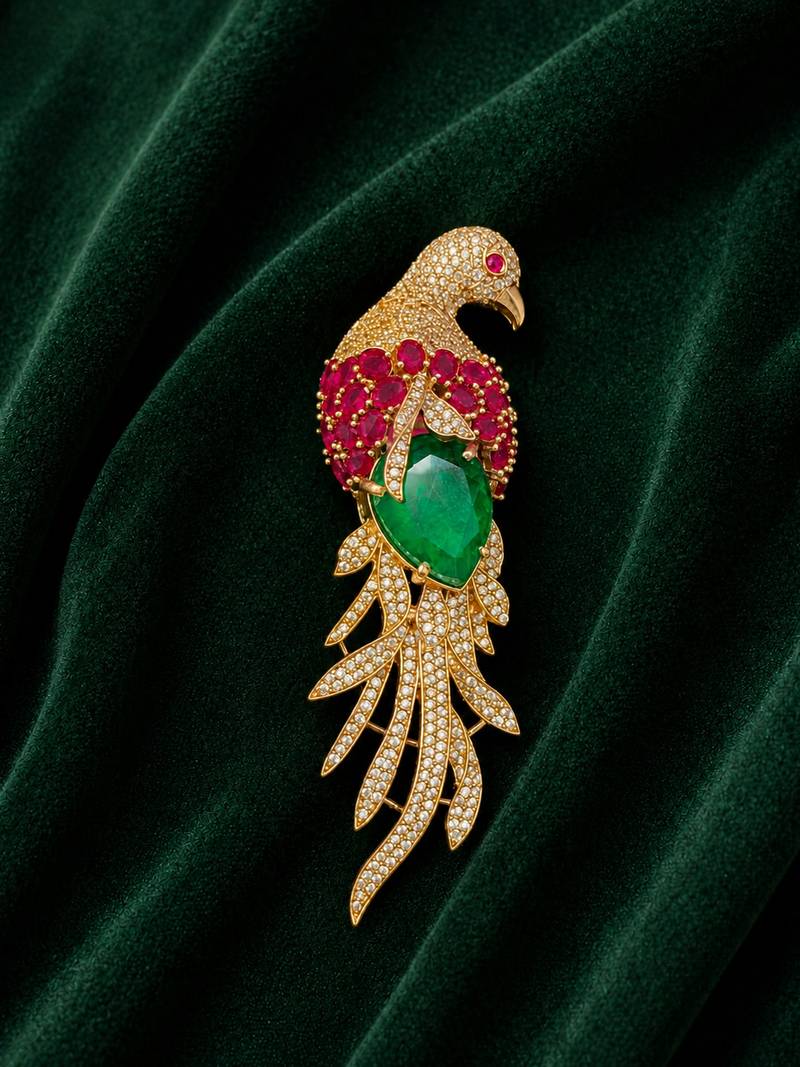Luxury parrot motif pink stone & green crystal designer brooch pin for women