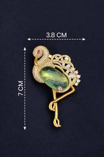 Luxury flamingo bird green crystal & cz stone gold plated designer brooch pin