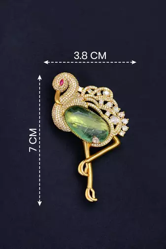 Luxury flamingo bird green crystal & cz stone gold plated designer brooch pin