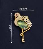 Luxury flamingo bird green crystal & cz stone gold plated designer brooch pin