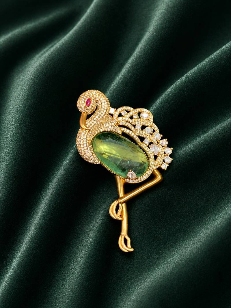 Luxury flamingo bird green crystal & cz stone gold plated designer brooch pin