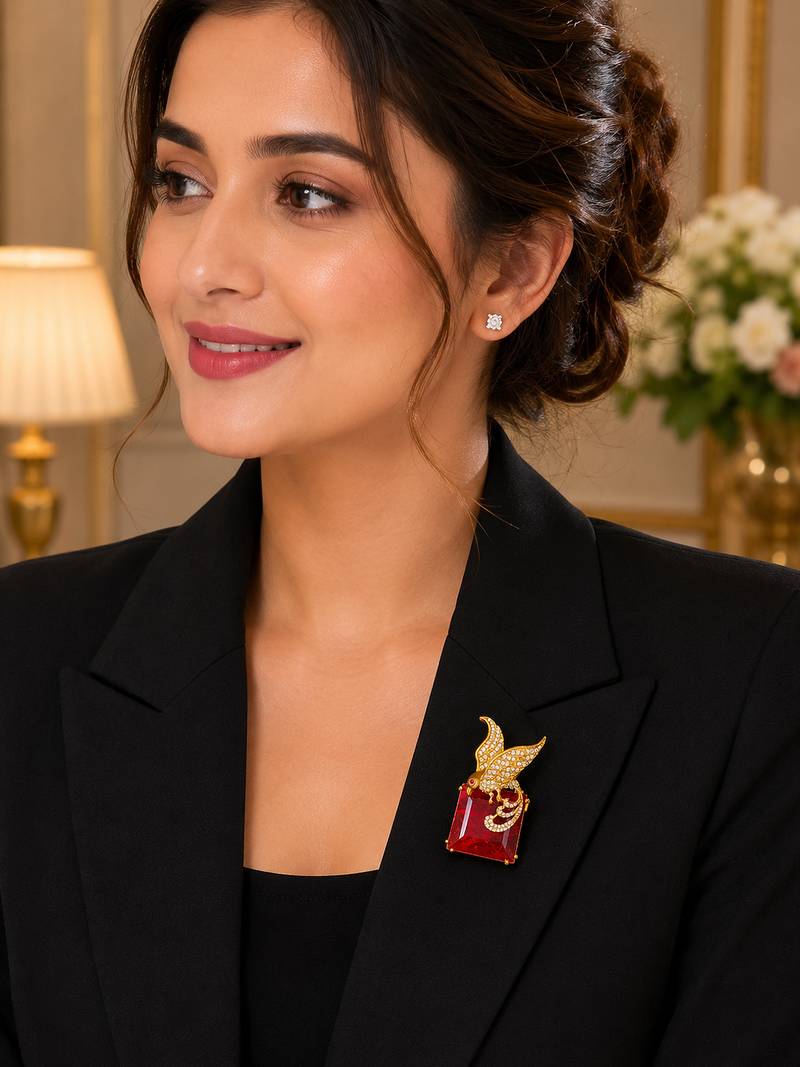 Royal fairy bird red crystal stone gold plated designer brooch pin