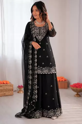 Black georgette thread with sequence plazzo suit