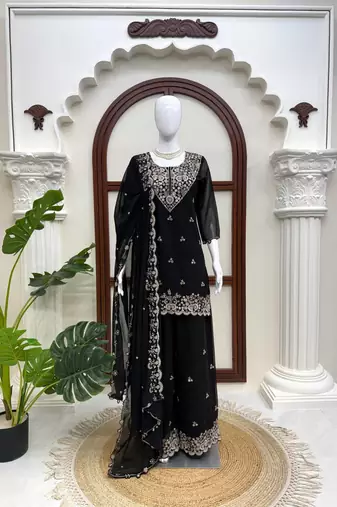 Black georgette thread with sequence plazzo suit