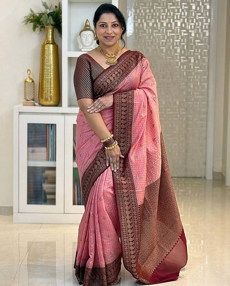 Marron Babypink color art silk blend sarees with blouse