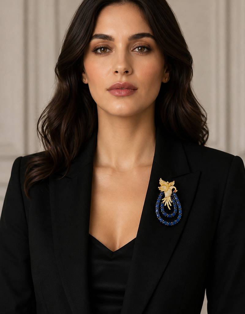 Royal swan blue crystal & cz stone gold plated designer brooch pin