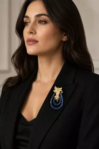 Royal swan blue crystal & cz stone gold plated designer brooch pin
