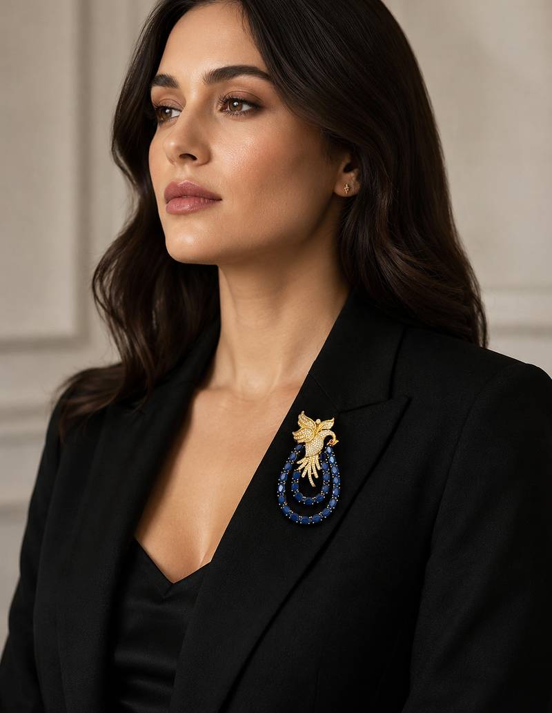 Royal swan blue crystal & cz stone gold plated designer brooch pin