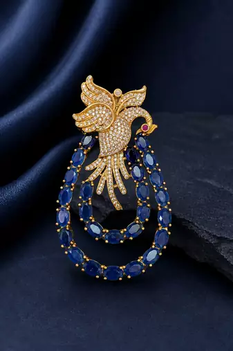 Royal swan blue crystal & cz stone gold plated designer brooch pin