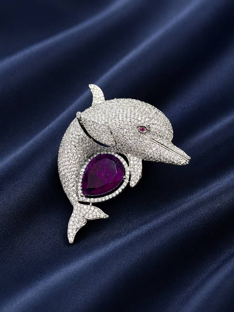 Luxury dolphin designer brooch with sapphire  crystal & american diamonds ocean-brooch