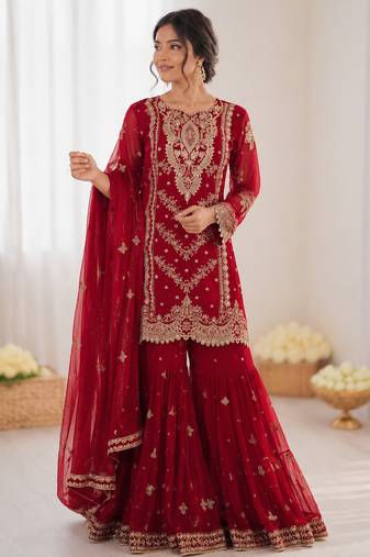 Red georgette thread with embroidered sharara suit