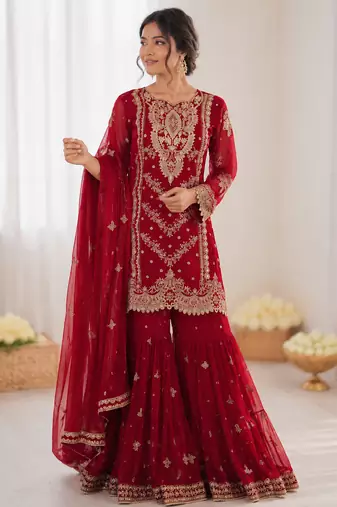 Red georgette thread with embroidered sharara suit