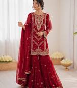 Red georgette thread with embroidered sharara suit