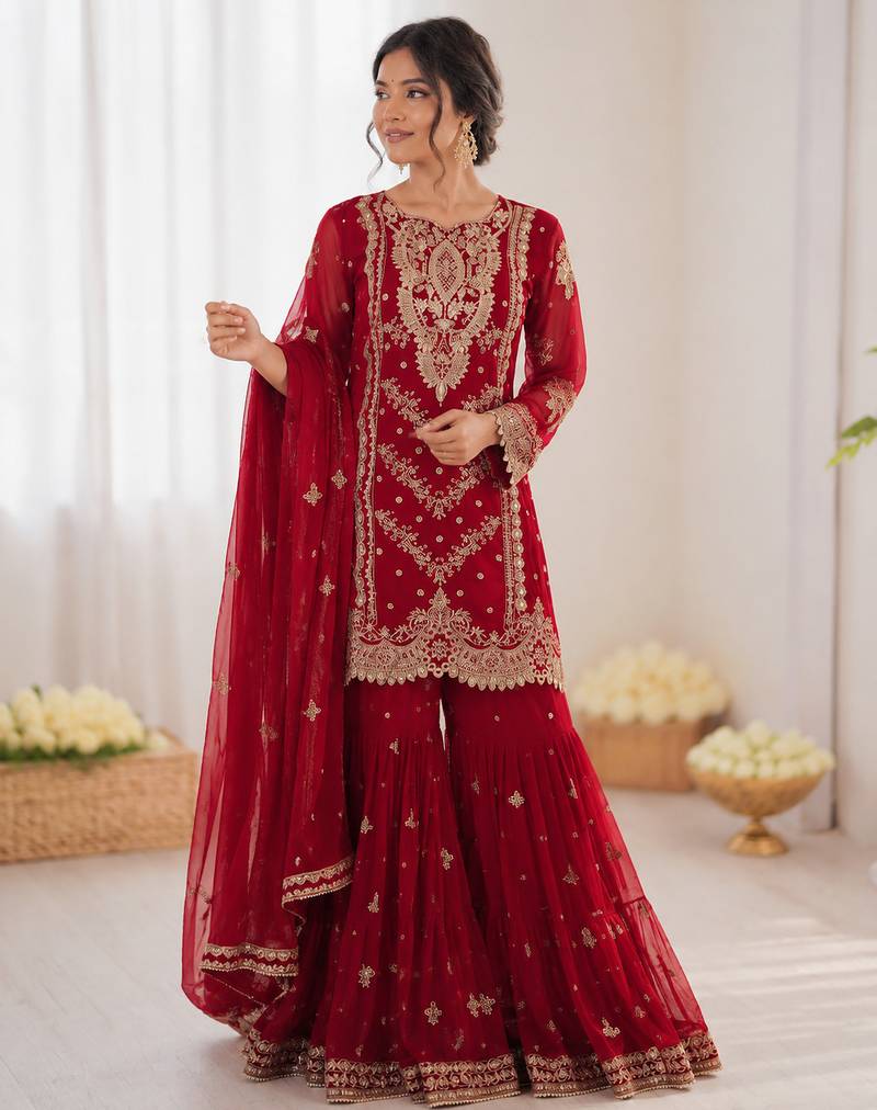 Red georgette thread with embroidered sharara suit