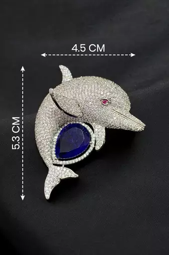 Luxury dolphin designer brooch with  american diamonds | rhodium-plated ocean-inspired statement brooch