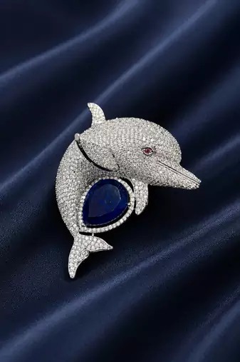 Luxury dolphin designer brooch with  american diamonds | rhodium-plated ocean-inspired statement brooch