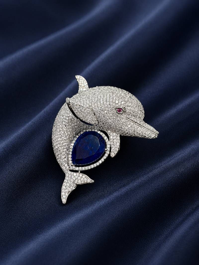Luxury dolphin designer brooch with  american diamonds | rhodium-plated ocean-inspired statement brooch