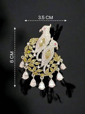 Elegant twin parrot designer brooch with yellow crystal leaves & dangling teardrop stones | brooch 1