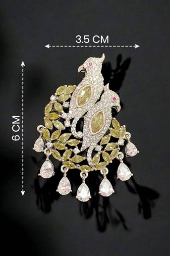 Elegant twin parrot designer brooch with yellow crystal leaves & dangling teardrop stones | brooch