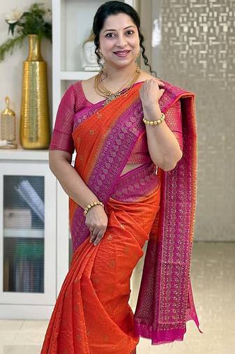 Orange Pink color art silk blend sarees with blouse