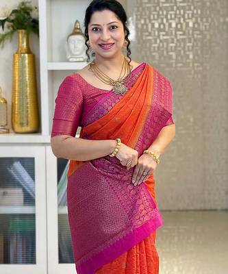 Orange Pink color art silk blend sarees with blouse 4
