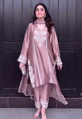 Peach natural crep silk party wear embroidery suit set 1