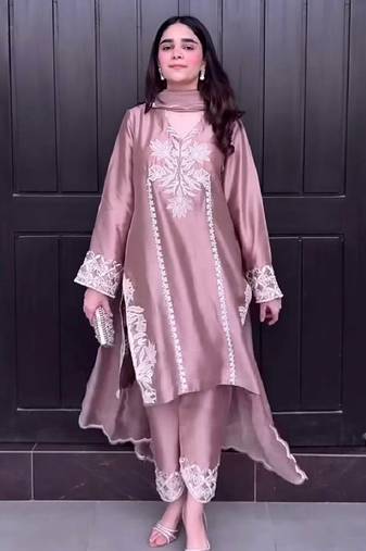 Peach natural crep silk party wear embroidery suit set