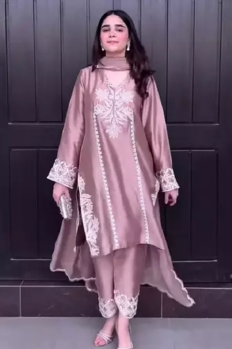 Peach natural crep silk party wear embroidery suit set