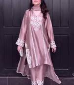 Peach natural crep silk party wear embroidery suit set